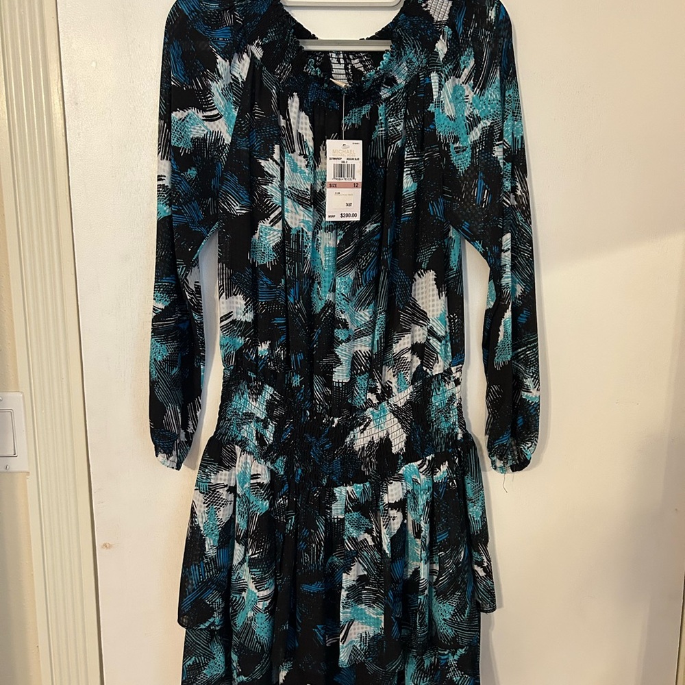 MICHAEL Michael Kors Black & Teal Abstract Print Long Sleeve Dress